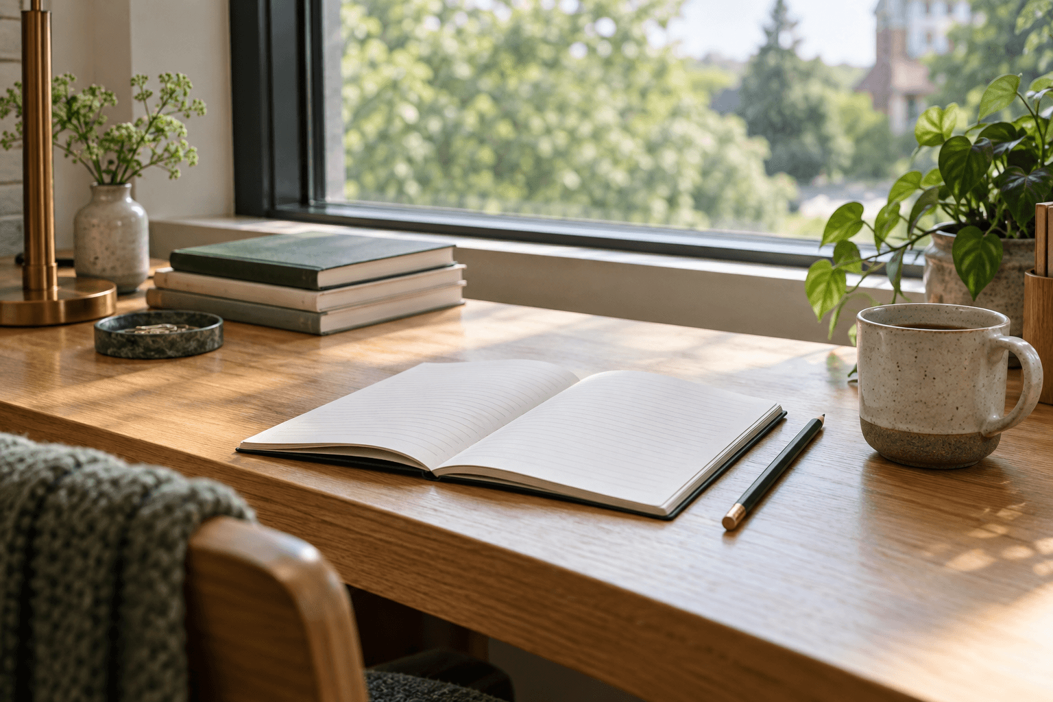 An open notebook and books on a sunlit desk beside a leafy window.